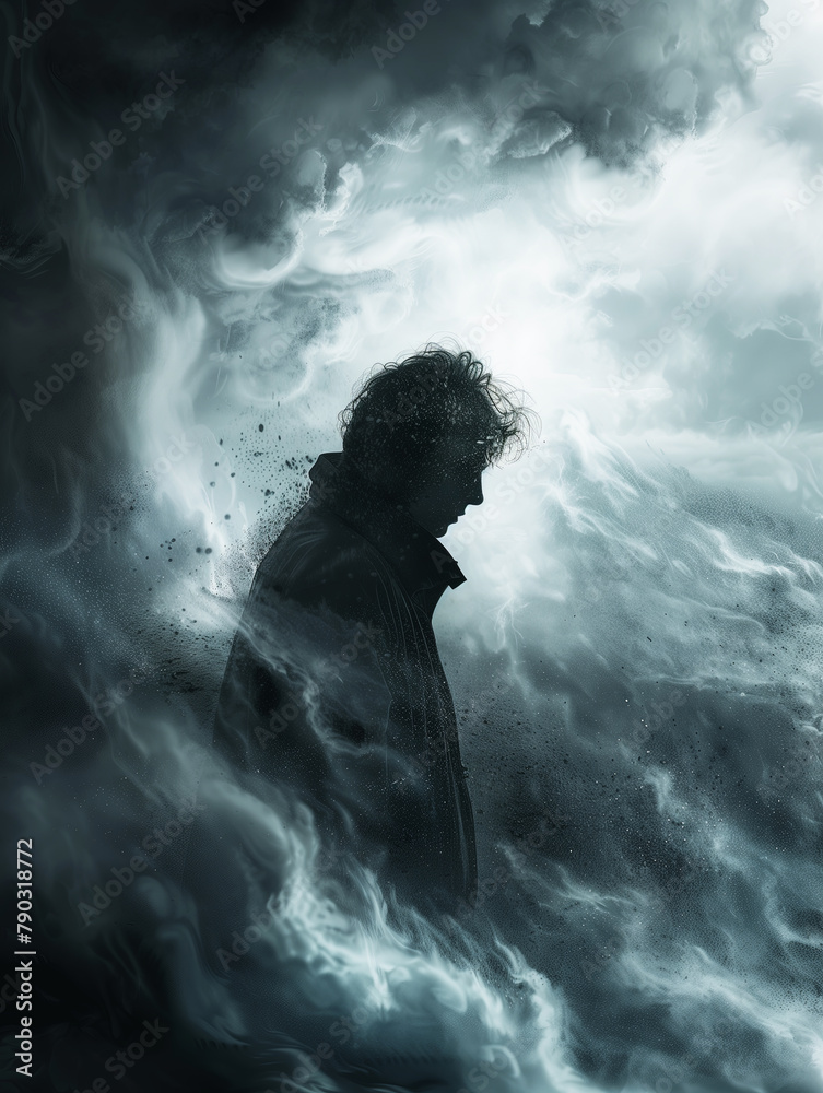 Obraz premium Ethereal artwork of a man's silhouette shrouded in swirling mists.