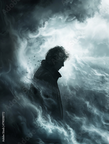 Ethereal artwork of a man's silhouette shrouded in swirling mists. © AIPhoto