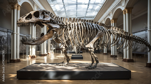 Isolated T-rex skeleton  a testament to a prehistoric predator in a harsh desert landscape