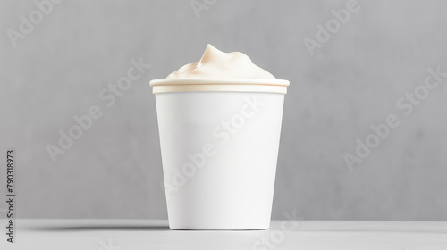 Big white ice cream cup with cream fillings on grey background