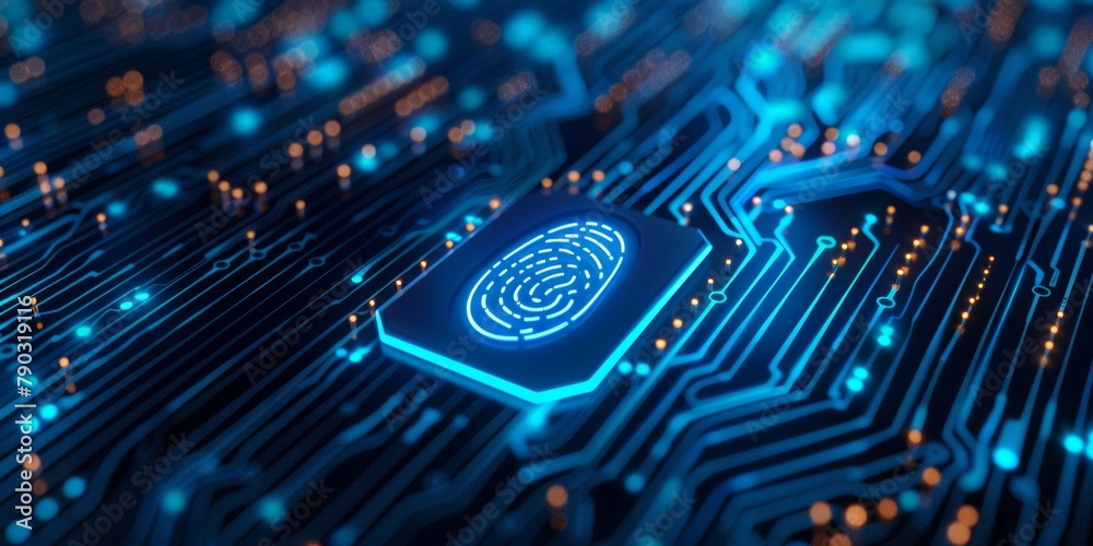 Fototapeta premium Blue circuit board background with biometric scan icon in the center.