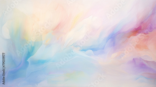 Ethereal rainbow abstract  watercolor strokes  white canvas  light pastel hues  threequarter view