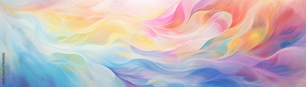 Abstract swirls of bright blue and white lines evoke a sense of movement, like waves or a colorful sky