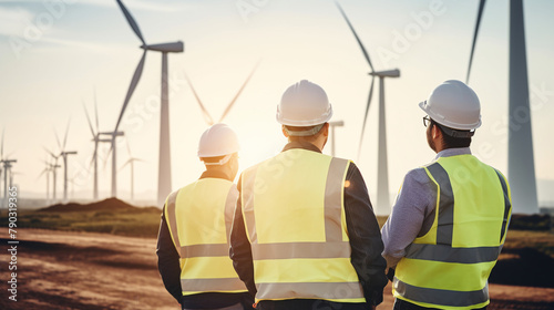 Industrial worker in a hardhat inspects a giant wind turbine spinning in the wind