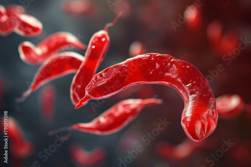 A group of red blood cells suspended in mid-air, Close-up detailed view of sickle cells in the bloodstream, AI Generated photo