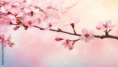 On a simple background  a cherry blossom branch with pink blossoms.