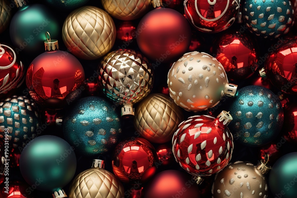 Place a variety of Christmas balls in different sizes, textures, and colors throughout the composition. Ai generated Place a variety of Christmas balls in different sizes, textures, and colors throughout the composition. Ai generated