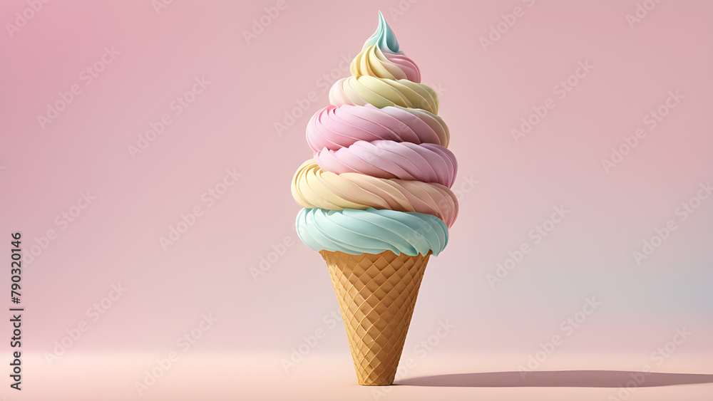 Ice cream in waffle cone on pastel background. 3d rendering Ice cream in waffle cone on pastel background. 3d rendering