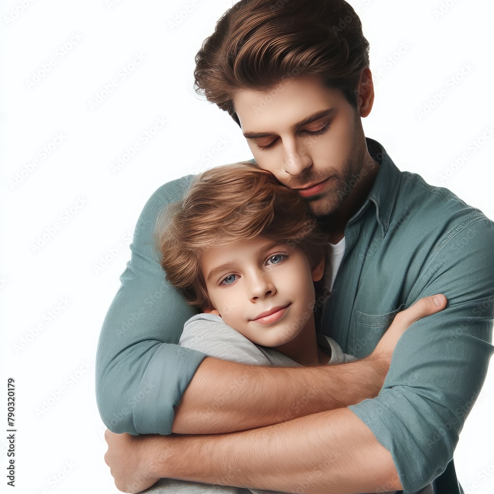 Happy fathers day a father hugging his son isolated on a white background Happy fathers day a father hugging his son isolated on a white background