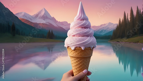 Ice cream in a waffle cone on the background of mountains.