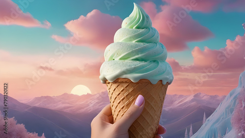 Ice cream in waffle cone with mountains in background. 3d rendering