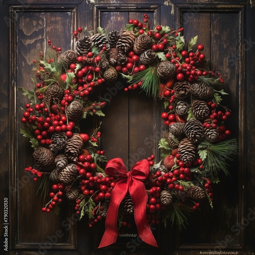 Place a wreath adorned with red berries and pinecones on the wall, Ai generated