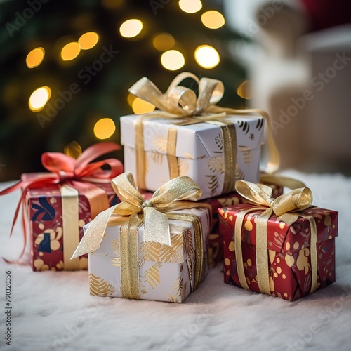 Place miniature gift boxes under the tree, wrapped in festive patterns and ribbons, Ai generated