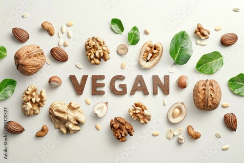 text only "VEGAN" written with 3d walnuts, almonds, hazelnuts on white background.