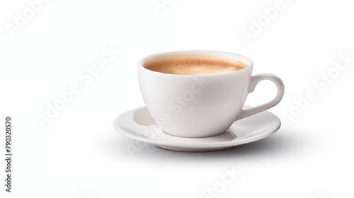 White coffee cup filled with mild coffee on white background photo