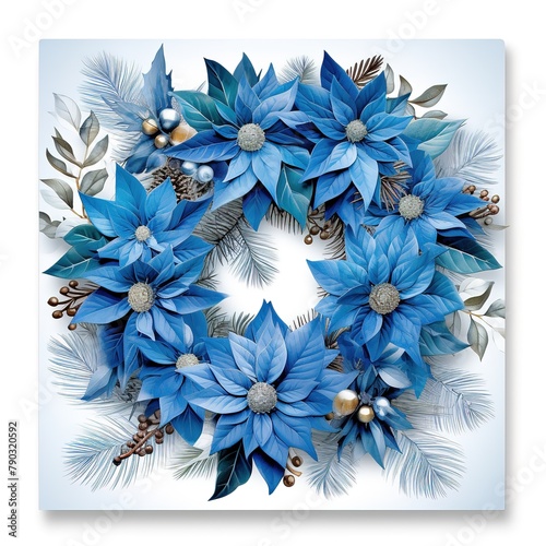 Poinsettia Perfection Card: Vibrant blue poinsettia flowers and leaves adorn the card, surrounding the "Merry Christmas" text in a sophisticated and festive manner, Ai generated