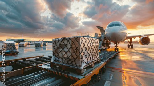 Cargo containers are being loaded onto an airplane for air transport. The shipment is being prepared to be loaded onto a modern freighter aircraft at the airport.