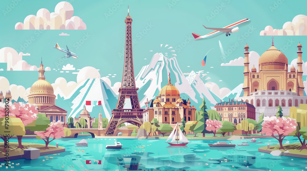 Global Adventure Collage: Parisian Charm to Taj Majesty - obrazy, fototapety, plakaty 