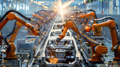 Electric cars are made in smart factories using advanced automation. Robots install car batteries on the assembly line. This process is highly efficient and produces high-quality electric vehicles.