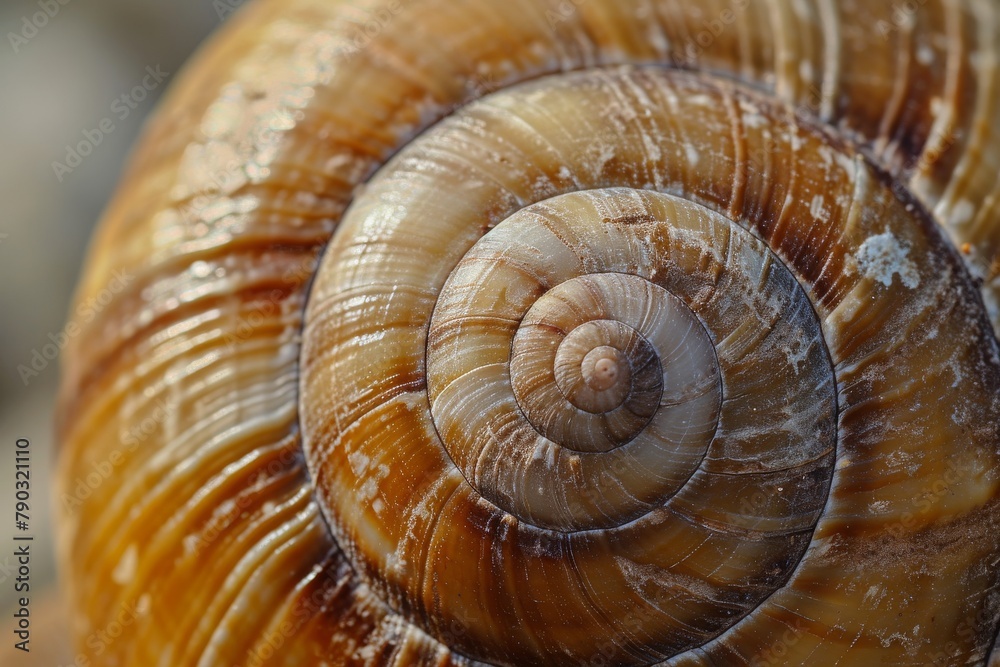This photo shows a detailed view of the intricate patterns and texture of a snails shell, Close-up photo of the spirals on a snail shell, AI Generated This photo shows a detailed view of the intricate patterns and texture of a snails shell, Close-up photo of the spirals on a snail shell, AI Generated