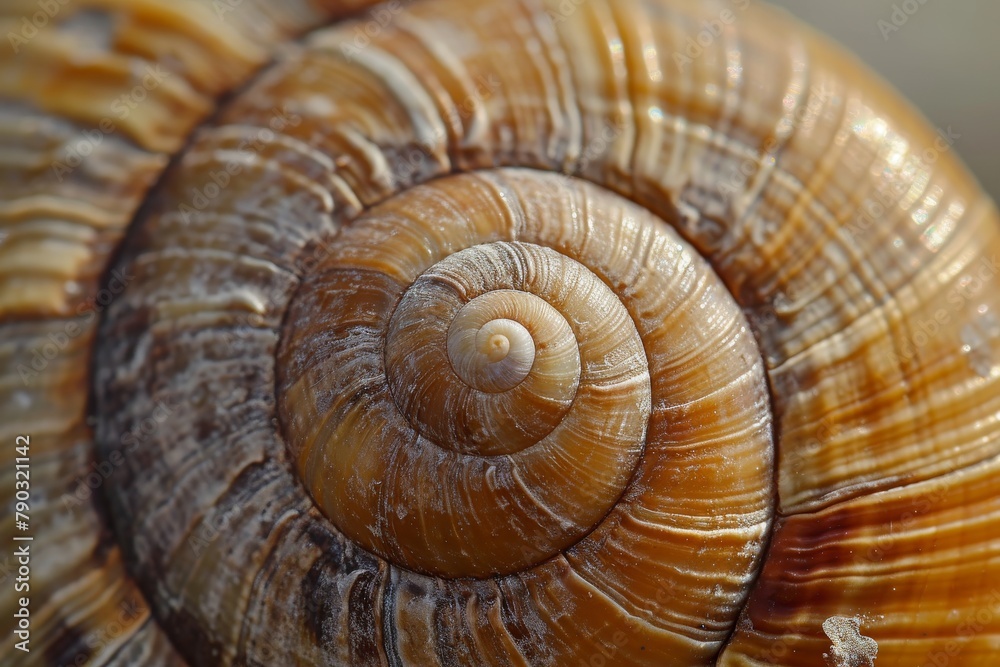 This close up view showcases the intricate details of a snails shell, highlighting its unique patterns and textures, Close-up photo of the spirals on a snail shell, AI Generated This close up view showcases the intricate details of a snails shell, highlighting its unique patterns and textures, Close-up photo of the spirals on a snail shell, AI Generated