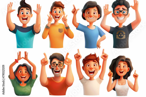 Set of happy, excited, joyful people. Men and women, teenagers show positive gestures. Wow, ok, cool, amazement and victory 3D avatars set vector icon, white background, black colour icon