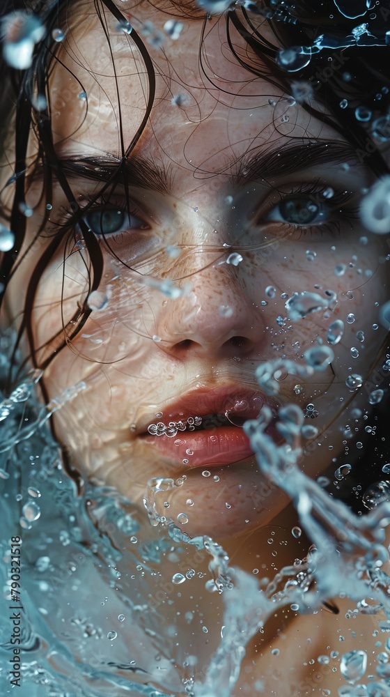 Captivating portrait of woman with water streaming on face