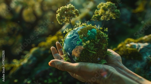 Green planet with trees in hand.