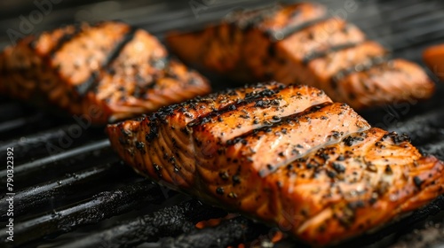 Grilled salmon perfection: Succulent fillets of grilled salmon sizzle on the barbecue, infused with smoky flavor and seasoned to perfection.