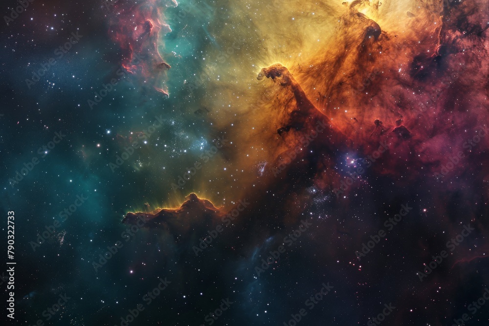 A vibrant and dynamic space scene featuring an abundance of stars, creating a visually captivating display, Coalescence of colors in a distant nebula, AI Generated