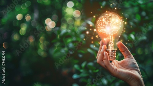 Hand holding drawing virtual lightbulb with brain on bokeh background for creative and smart thinking idea concept. photo