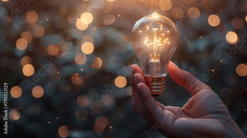 Hand holding the glowing lightbulb that is illuminating for creative thinking idea of problem solving , patent and innovation concept.