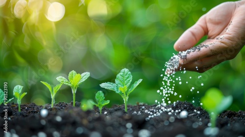 hand of a farmer giving fertilizer to young green plants nurturing baby plant with chemical fertilizer on green bokeh background