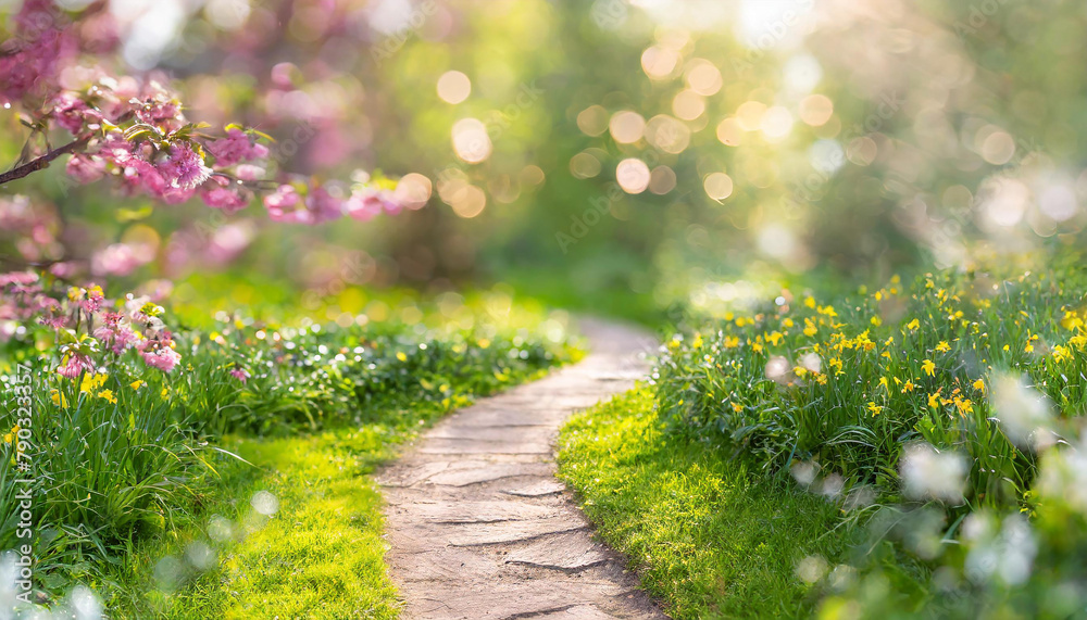 path in spring garden, flowers, sun, bokeh, idyll, countryside path in spring garden, flowers, sun, bokeh, idyll, countryside