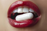 Woman holding painkiller pill capsule between teeth, drug addiction concept background.