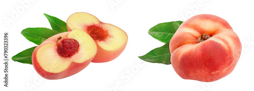 half of ripe chinese flat peach fruit with leaf isolated on white background