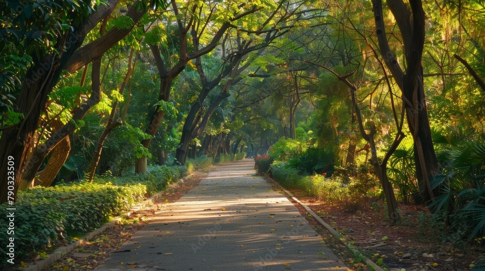 a beautiful nature trail, walkway with dense trees on either side. a beautiful nature trail, walkway with dense trees on either side.