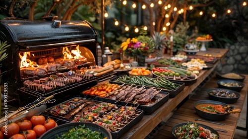 A festive barbecue celebration with a long table filled with grilled delights and festive decorations