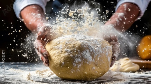 A person is making a dough ball with flour and water, AI