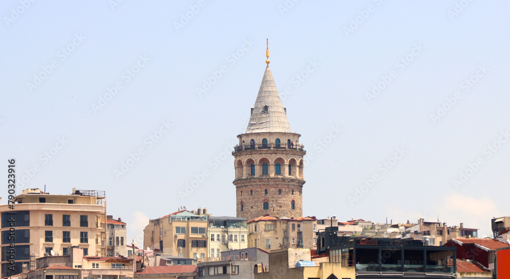 Galata Tower in Beyoglu district. Turkey. Built as a watchtower at the highest point of the Walls of Galata, the tower is now an exhibition space and museum, and a symbol of Beyoğlu and Istanbul.