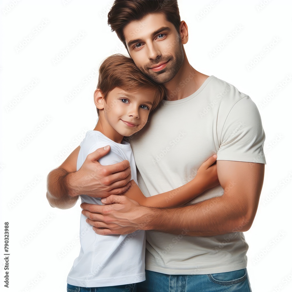 Happy fathers day a father hugging his son isolated on a white background Happy fathers day a father hugging his son isolated on a white background