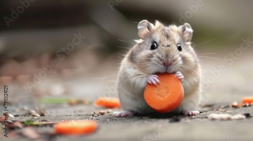 Happy hamster  A tiny hamster nibbles on a piece of fresh carrot  its cheeks bulging with adorable chubby cheeks.