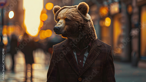 a handsome bear wearing a burgundy suit, proud, walking down the city street