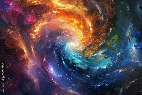 An image capturing a vibrant, swirling formation amidst the vastness of space, Colorful space storms amidst the spiral arms of a galaxy, AI Generated