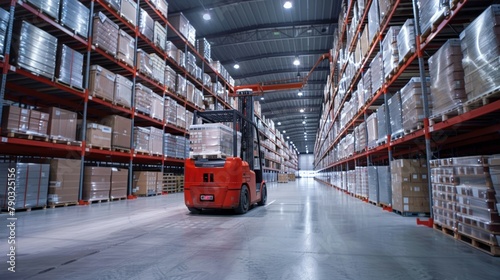 A red fortlift carries pallets in a large warehouse. photo