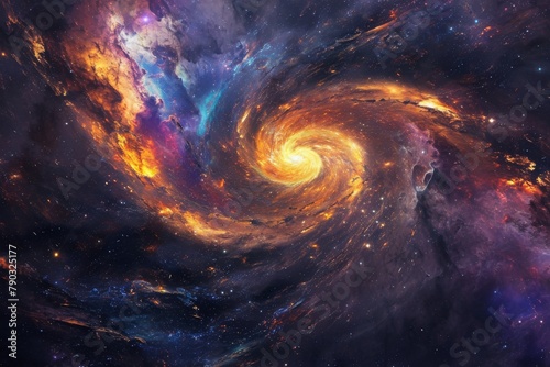 This photo showcases a spiral galaxy with stars in the background, detailing the vastness and beauty of the universe, Colorful space storms amidst the spiral arms of a galaxy, AI Generated