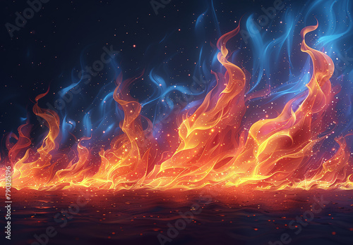 Abstract digital artwork depicting vibrant orange and blue flames rising against a dark starry background.