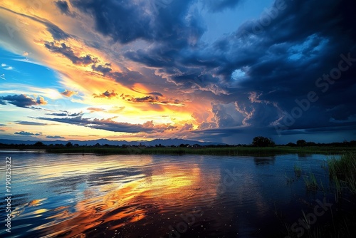 The photo captures a beautiful sunset over a body of water, with clouds filling the sky, Colorful sunset after a monsoon shower, AI Generated
