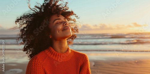 Black woman, happy and meditation with breathing on beach for fresh air or spiritual yoga in nature. Faith, person or peaceful by ocean for sunset worship, holistic mindset or zen with mockup space