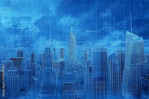 A photo capturing a cityscape dominated by blue tones, featuring tall skyscrapers and a backdrop of clouds, Combine blueprints of innovative buildings with a city skyline, AI Generated